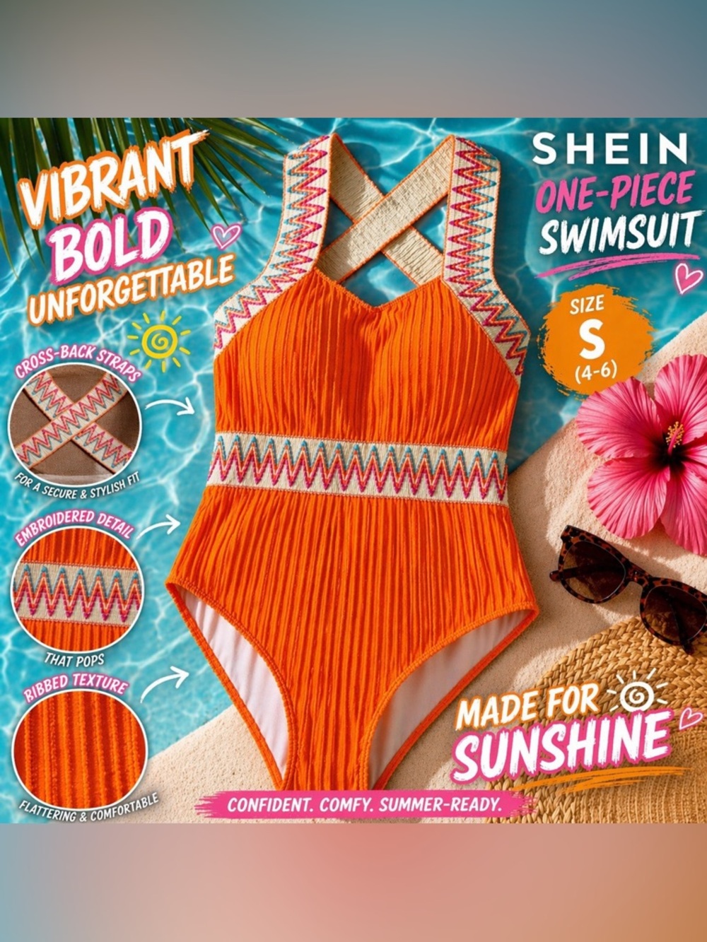 SHEIN Orange One-Piece Swimsuit with Zigzag Embroidered Trim